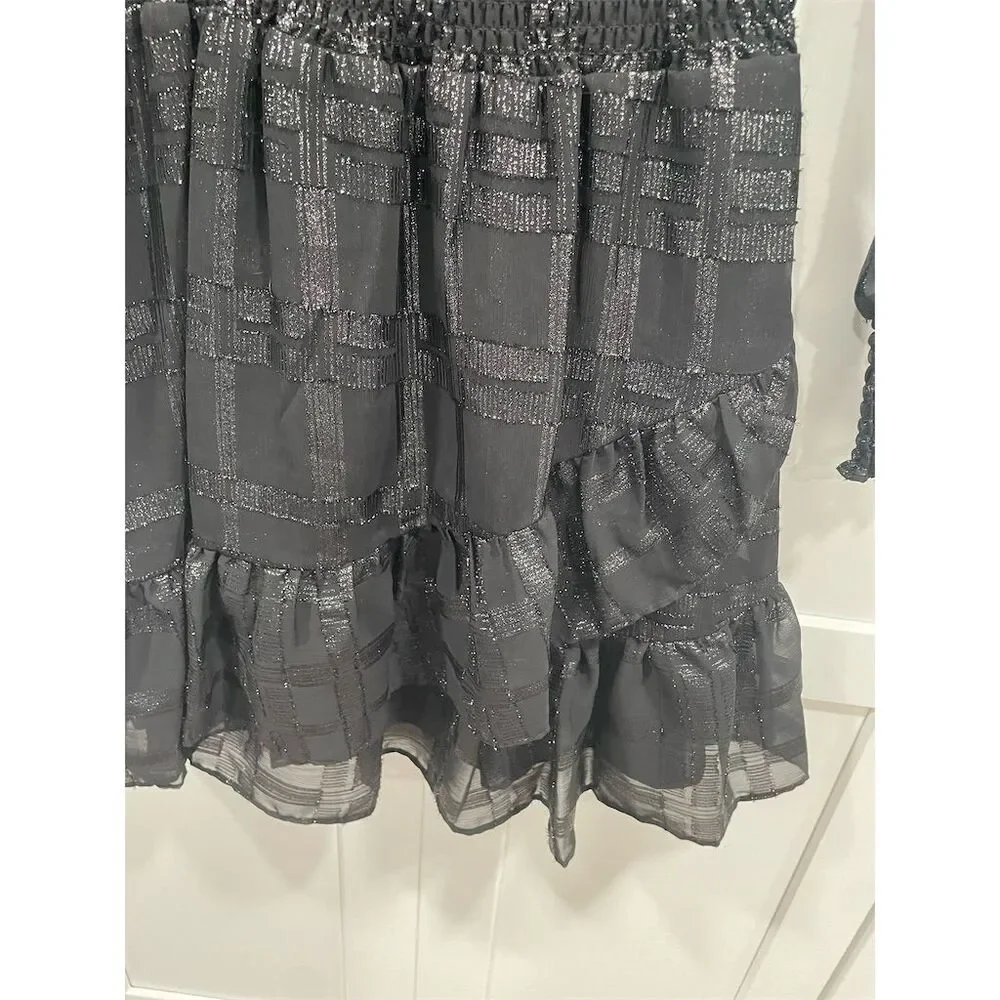 Michael Kors Black Metallic Ruffle Dress S Long Sleeve Party Cocktail‎ Plaid